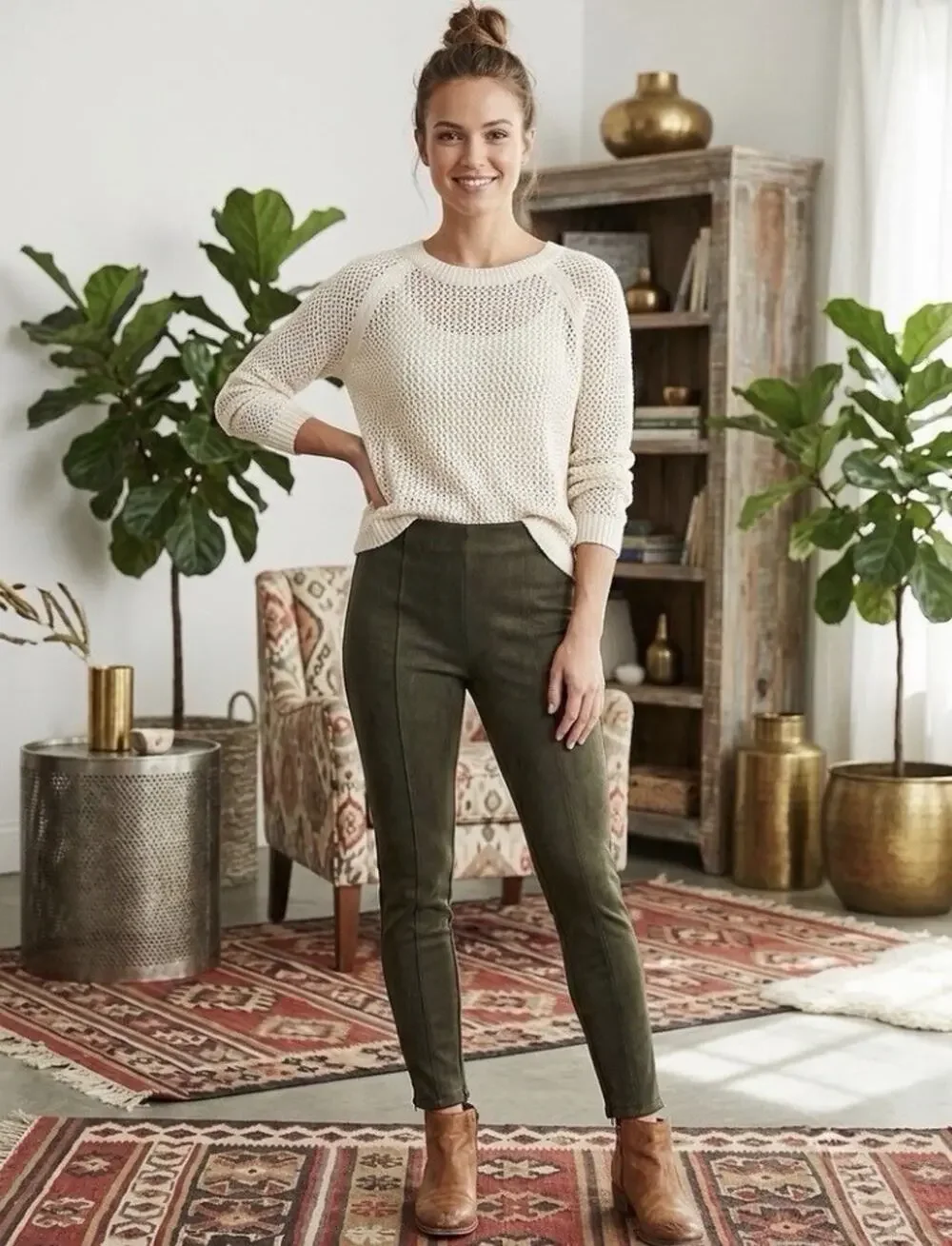 Anthropologie Women’s Olive Green Faux Suede Leggings Ankle Zip Pants 26